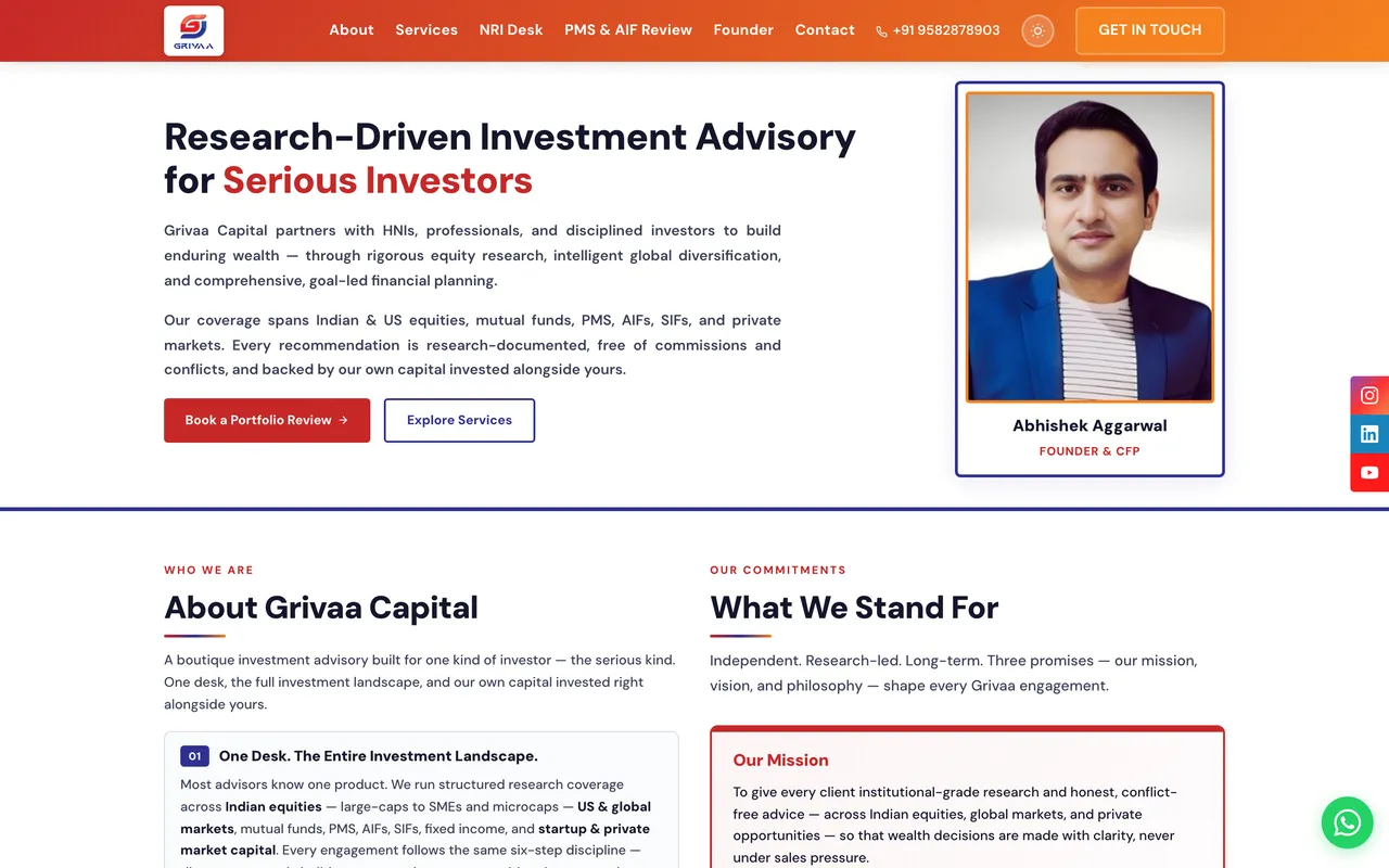 The live Grivaa Capital site: research-driven investment advisory