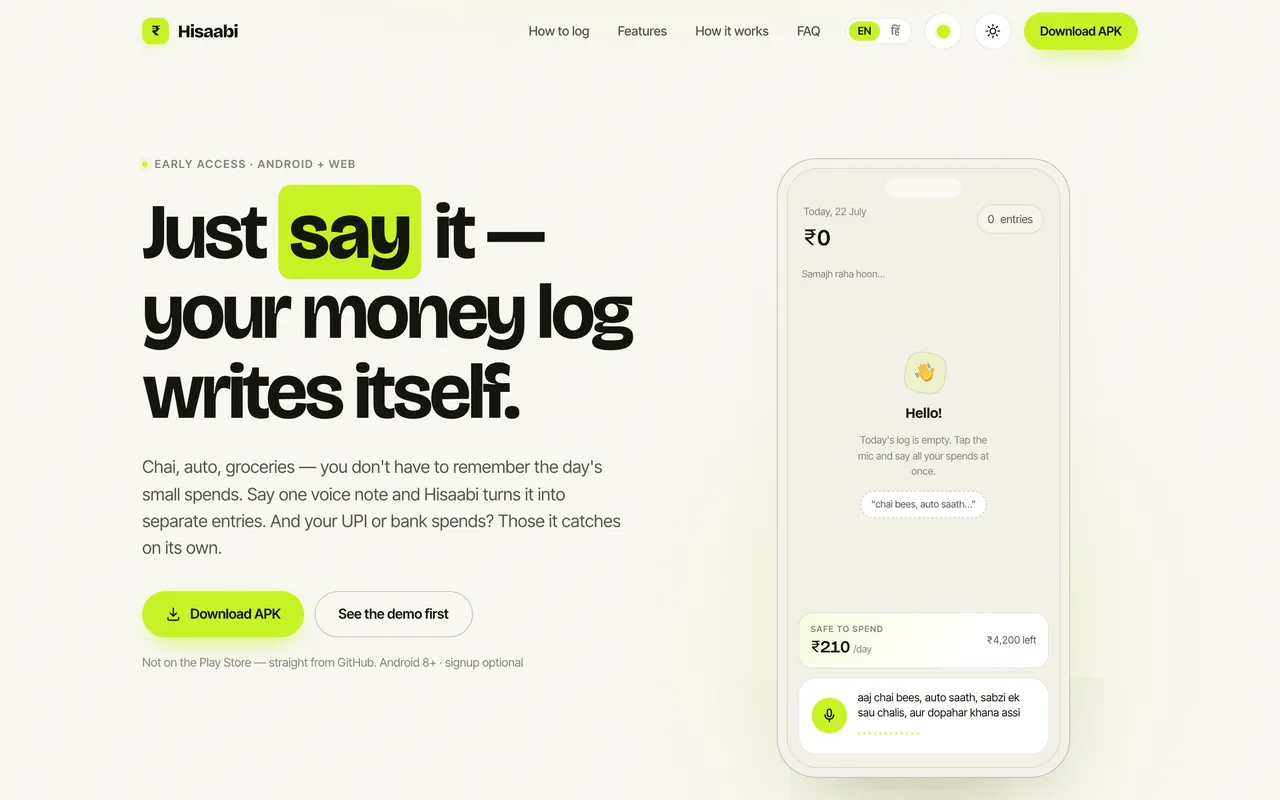 The live Hisaabi site showing voice-driven expense logging
