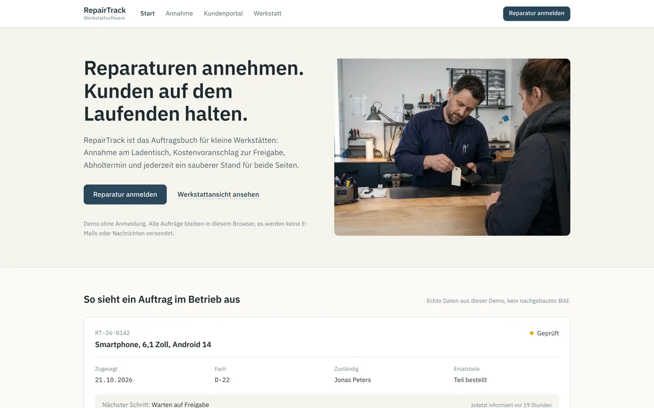 The live RepairTrack demo: digital repair intake for workshops