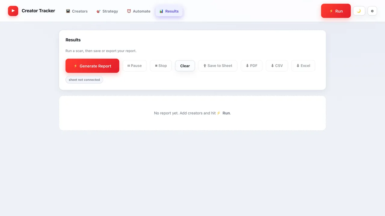 Creator Tracker report and export screen