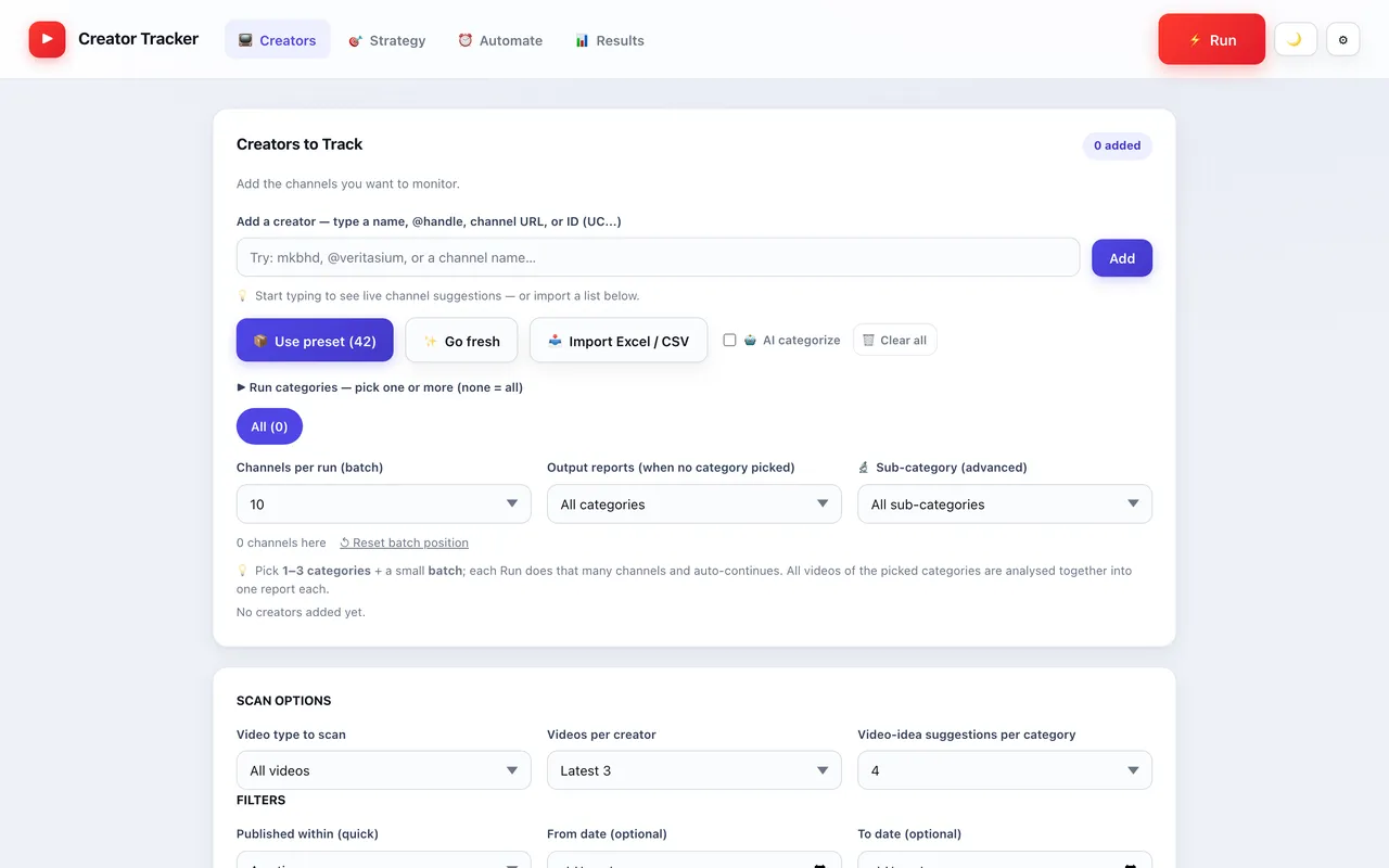 The live Creator Tracker setup screen