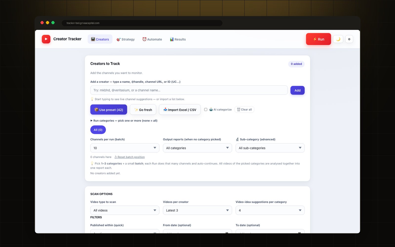 Creator Tracker YouTube research tool